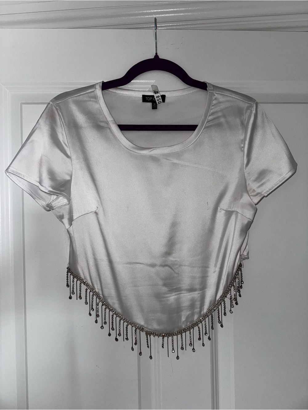 Topshop White Satin Crop Top with Beaded Fringe Hem